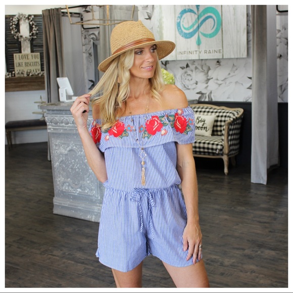 ✨LAST ONE✨Blue off shoulder embroidered romper - Picture 2 of 4